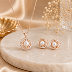Pearl Halo Rose Gold Pendant Set